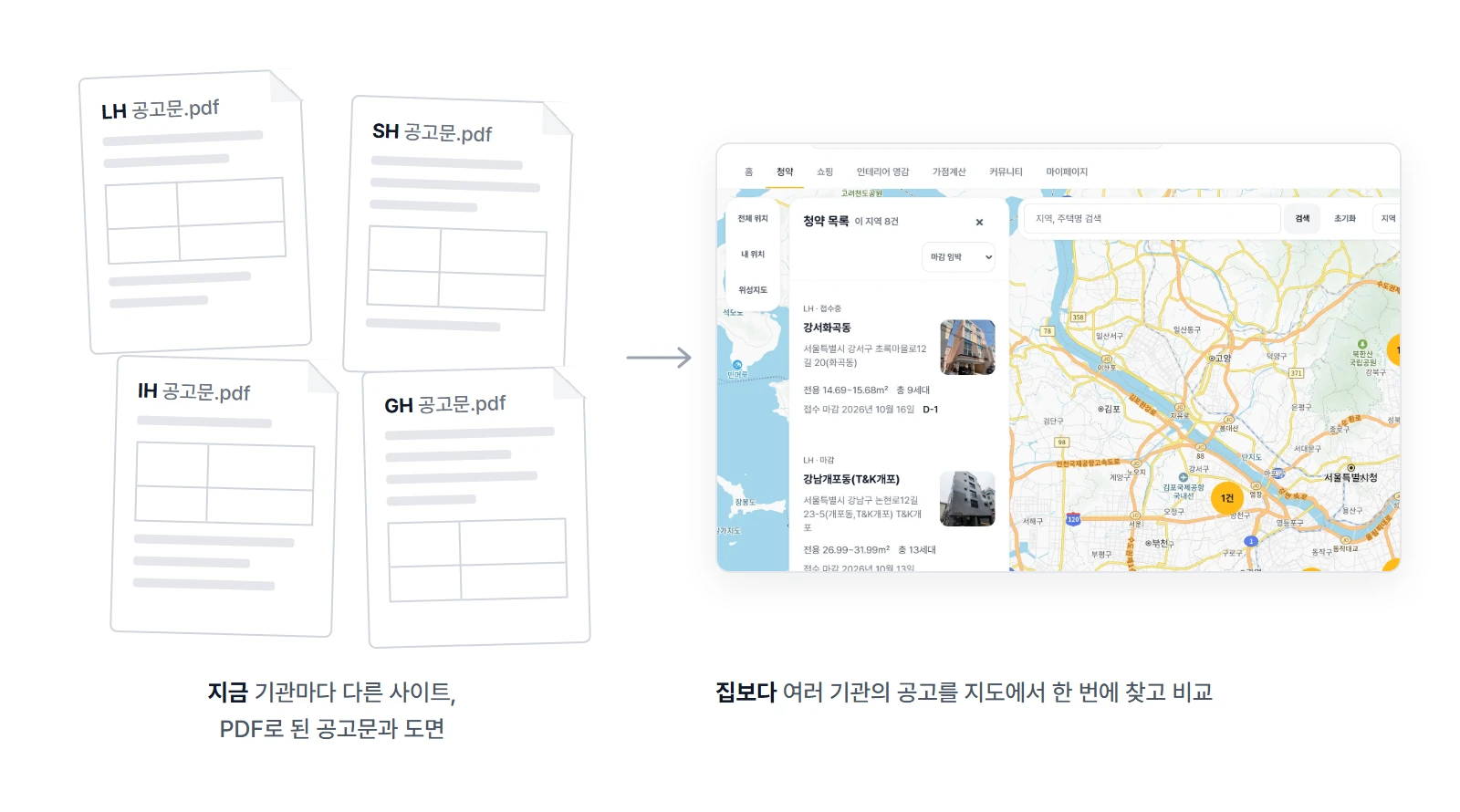 기관별 PDF 공고문과 집보다 지도 화면